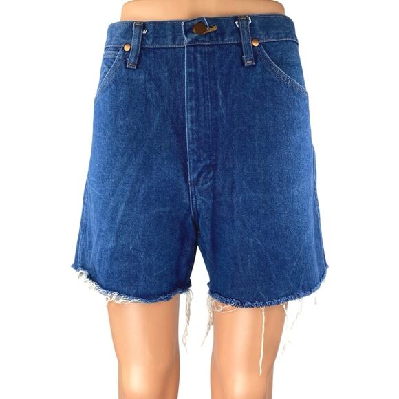 Wrangler Women's Blue High Waist Frayed Cut-Off Bermuda Denim Jeans Shorts 33x34 - Picture 1 of 5